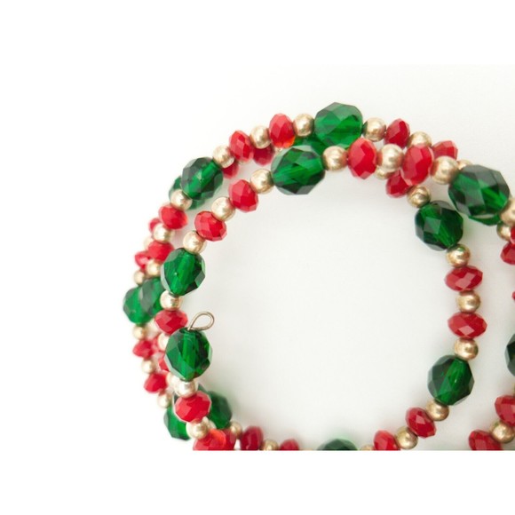 Vintage Red & Green Glass Bead Coil Bracelet Holiday Jewelry Gold Tone Beads - Picture 3 of 5